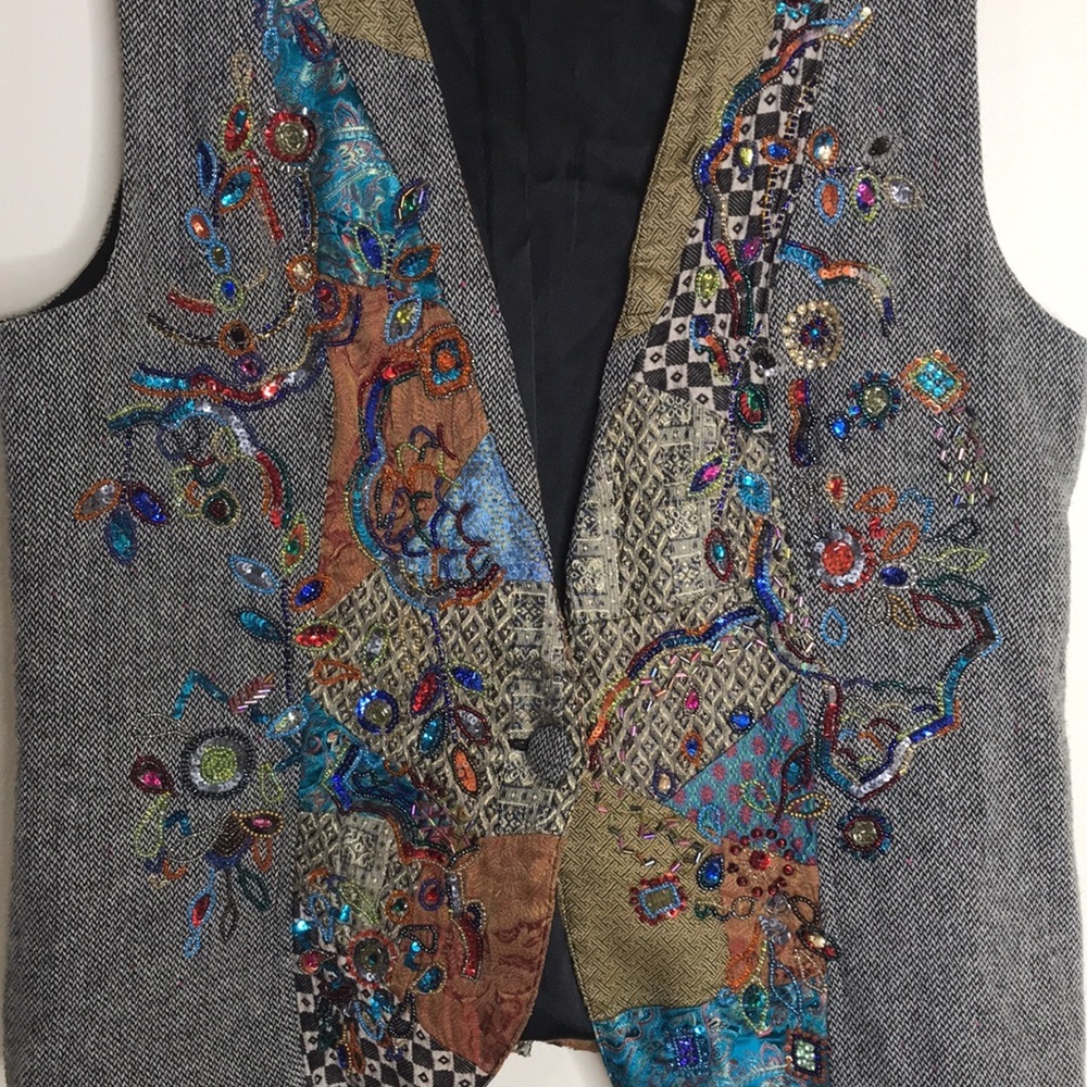 Vintage chicos embroidered beaded wool blend vest with button size 2